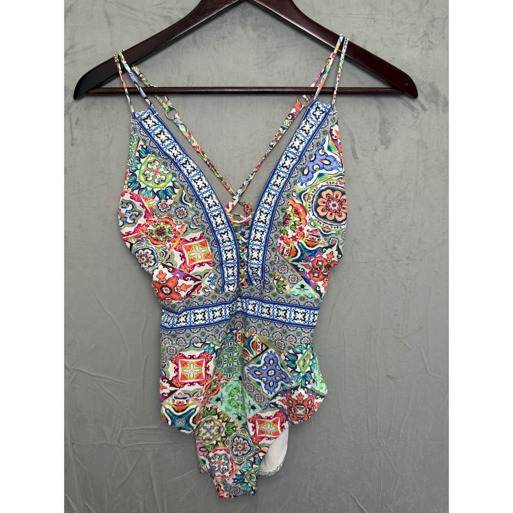 Nanette Lepore Greek Tiles Goddess Lace One Piece Swimsuit Womens M Mosaic Print